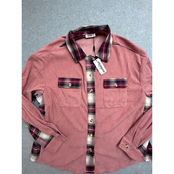 zeagoo Tops - Zeagoo Womens XXL Pink Corduroy Plaid Colorblock Button Down Shirt Shacket NWT